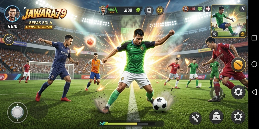 Tampilan layar permainan JAWARA79 saat pertandingan sepak bola berlangsung.