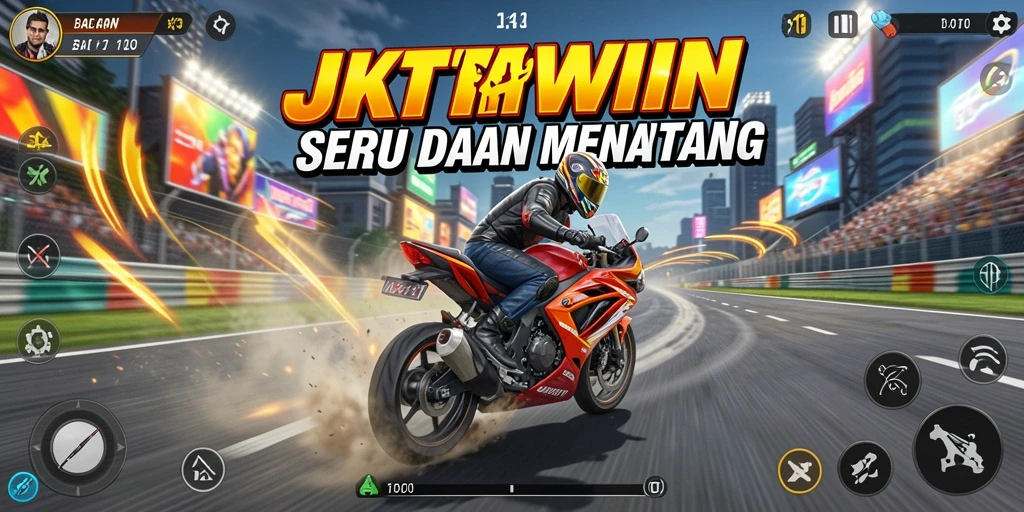 Tampilan gameplay JKTWIN yang mendebarkan di trek balapan.