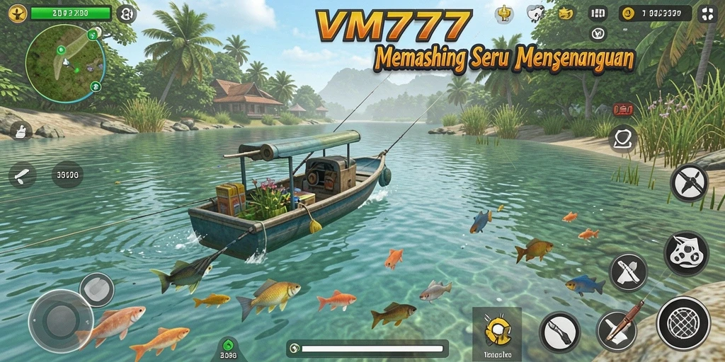 Screenshot utama gameplay VM777 menampilkan aksi memancing yang mendebarkan.
